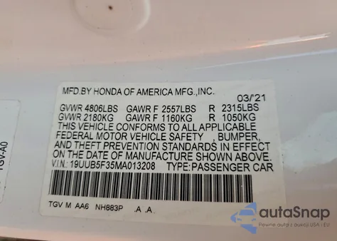 2021 Acura Tlx из США, поврежденный, VIN 19UUB5F35MA013208